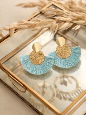 🆕Gold and Light Aqua  Raffia Fan Drop Earrings - Women Jewelry